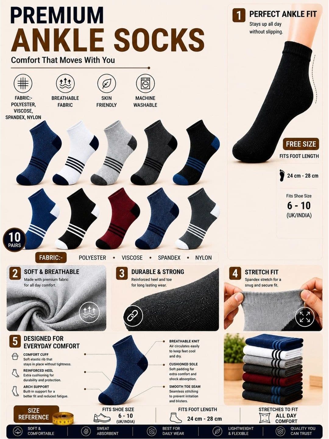 ADDOSSO Men Pack of 10 Cotton Assorted Striped Ankle Length Socks thumbnail 2