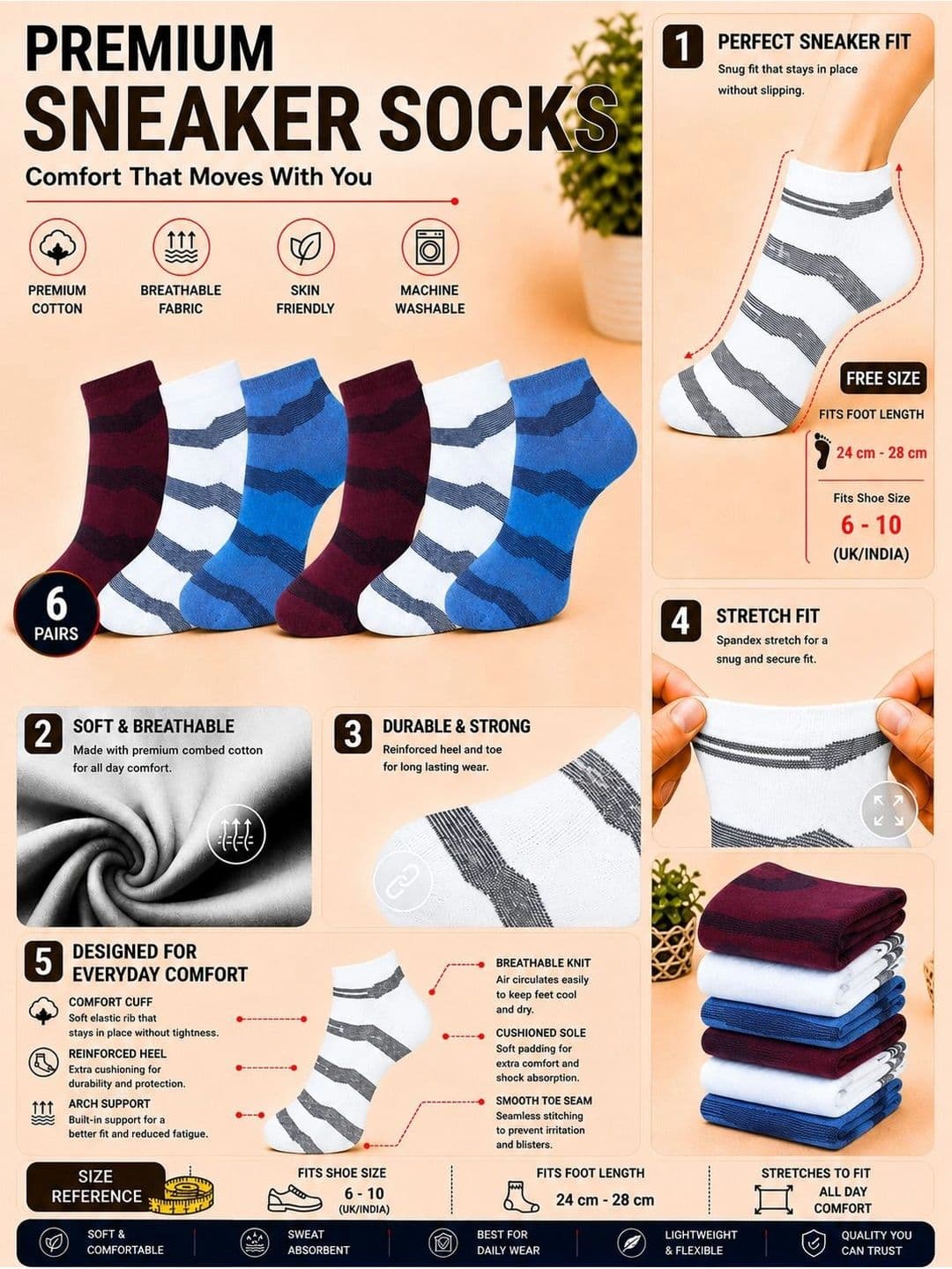 ADDOSSO Men Pack of 6 Cotton Assorted Patterned Ankle Length Socks thumbnail 4