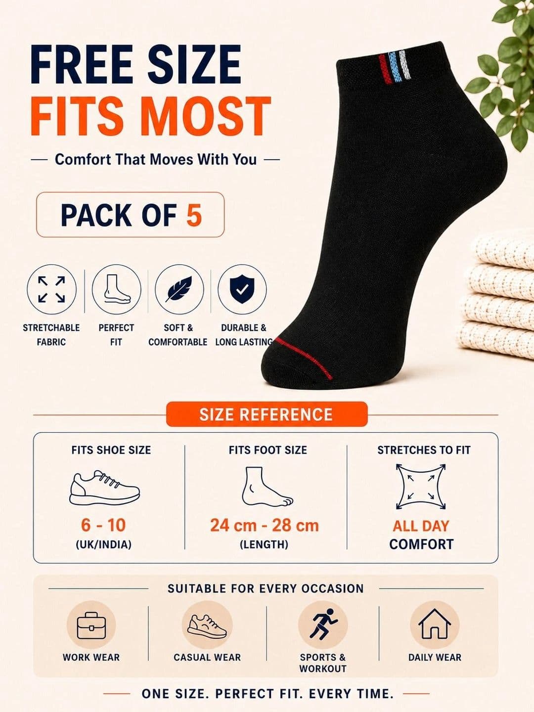 ADDOSSO Men Pack of 5 Cotton Assorted Colourblocked Ankle Length Socks thumbnail 3