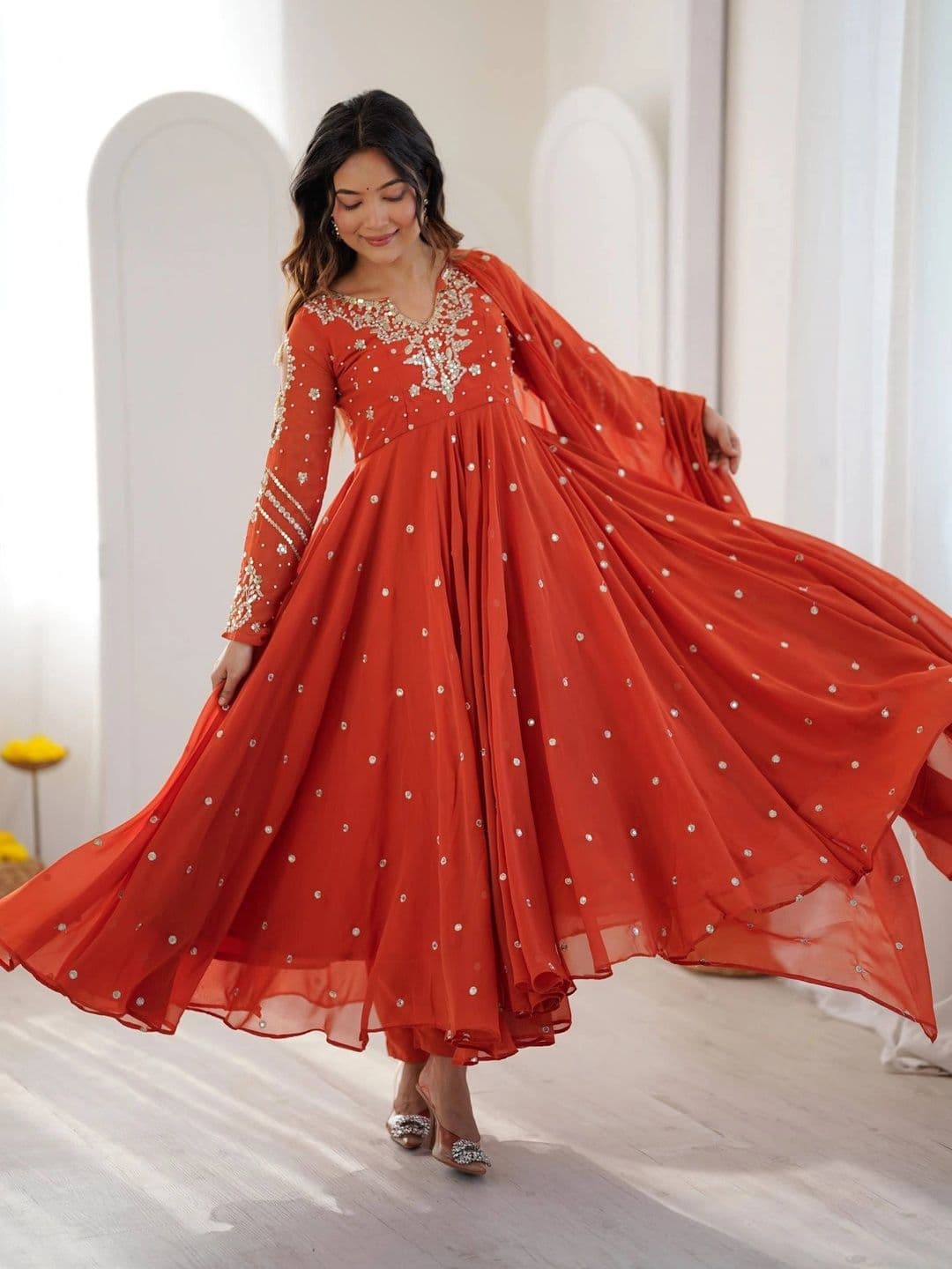 NORAFLEX Women Regular Sequinned Silk Georgette Kurta with Pyjamas & With Dupatta thumbnail 3