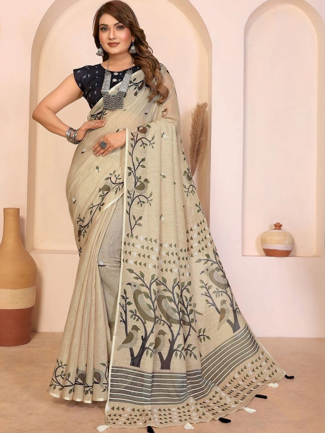 VS MALL Floral Linen Blend Saree - view 1
