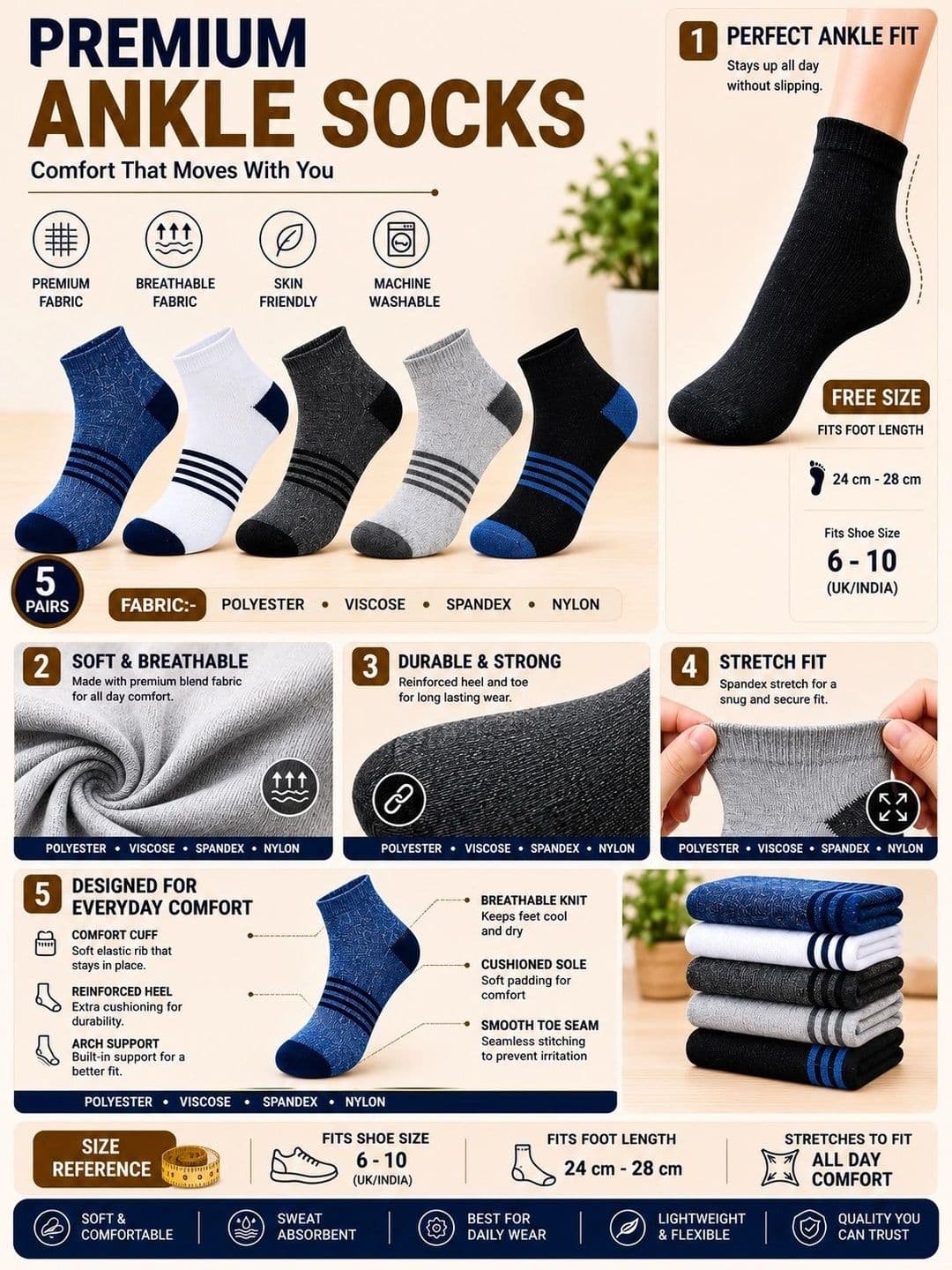 ADDOSSO Men Pack of 5 Cotton Assorted Striped Ankle Length Socks thumbnail 3