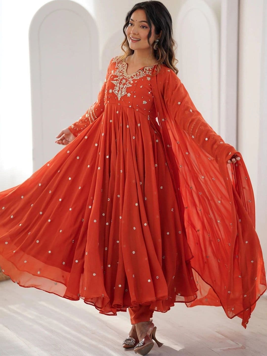 NORAFLEX Women Regular Sequinned Silk Georgette Kurta with Pyjamas & With Dupatta thumbnail 2