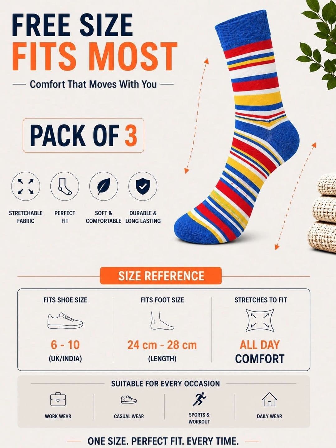 ADDOSSO Men Pack of 3 Cotton Assorted Striped Calf Length Socks thumbnail 4
