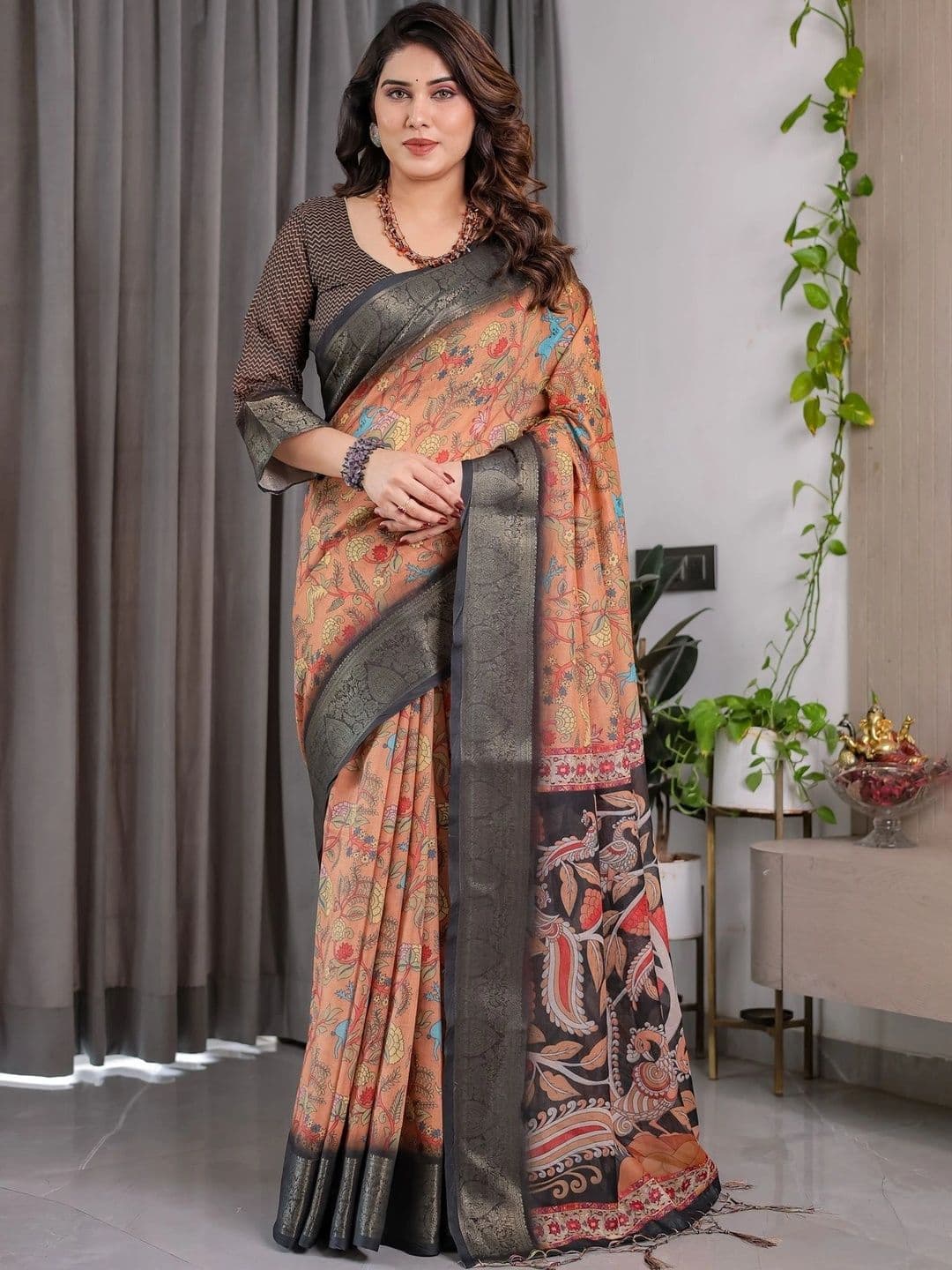 VS MALL Floral Zari Linen Blend Saree - view 1