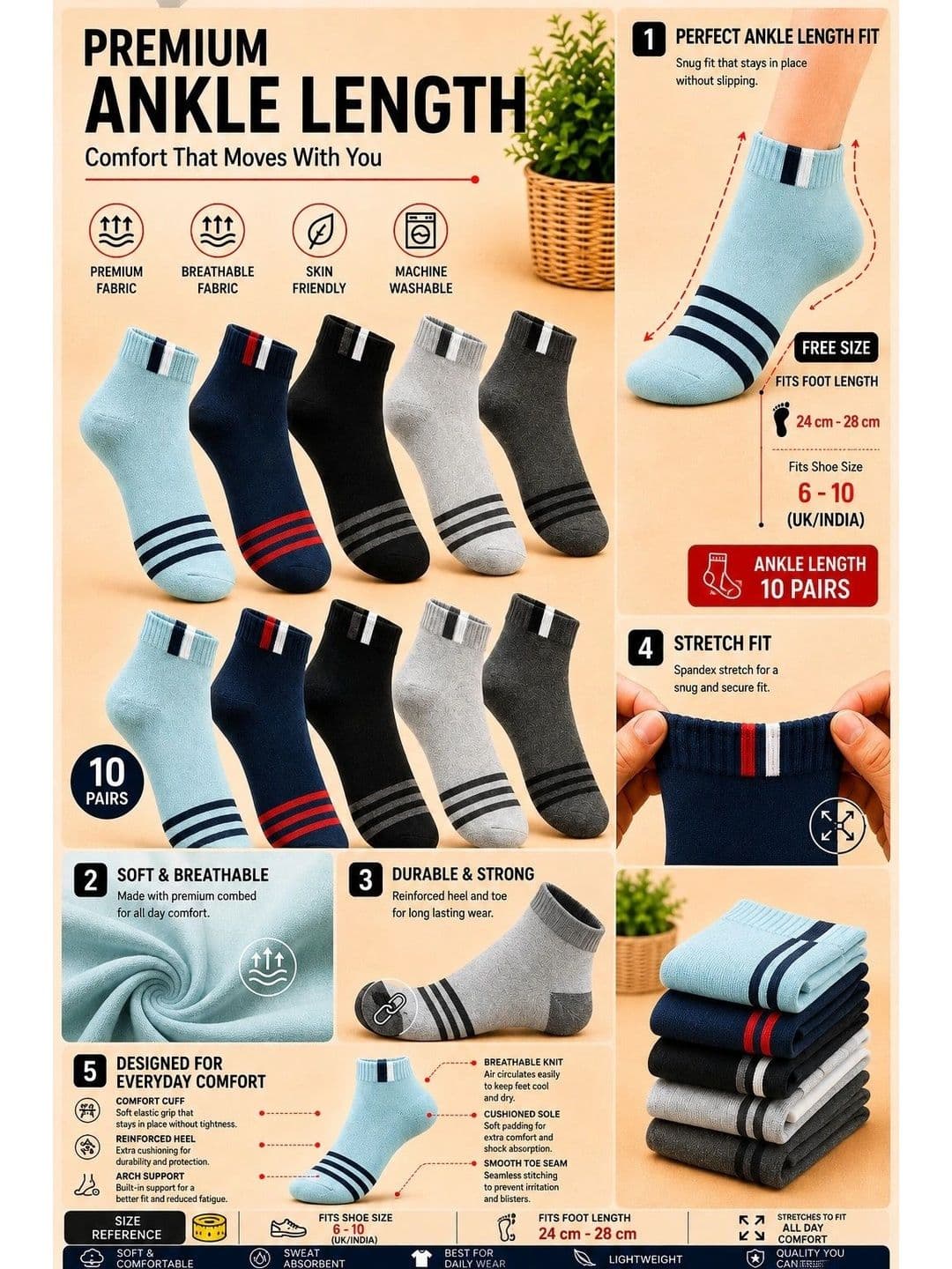 ADDOSSO Men Pack of 10 Cotton Assorted Striped Ankle Length Socks thumbnail 4