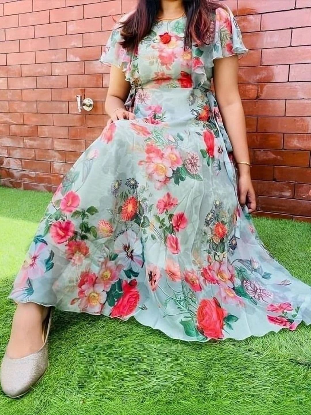 JS CREATIVE Floral Print Flutter Sleeve Ruffled Georgette A-Line Maxi Dress thumbnail 5