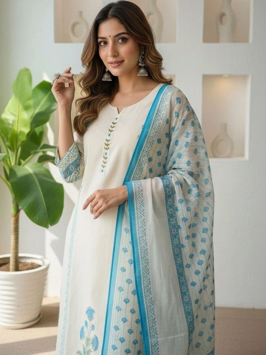 Anouk Women Ethnic Motifs Printed Regular Thread Work Pure Cotton Kurta with Trousers & With Dupatta thumbnail 2