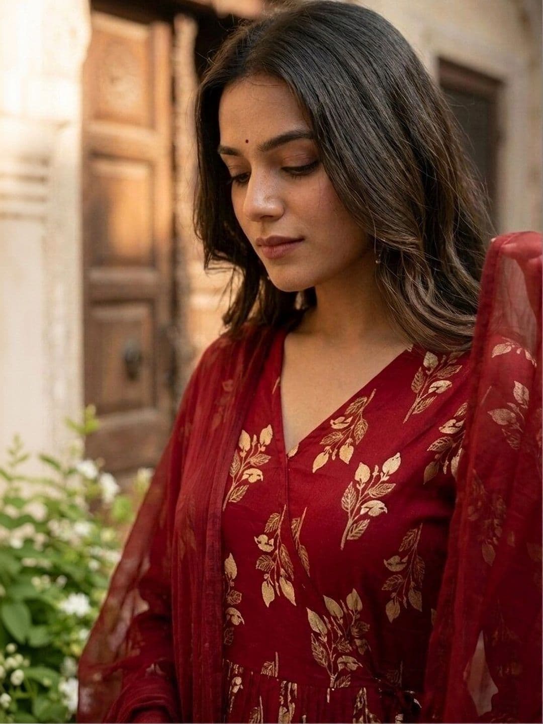Anouk Women Ethnic Motifs Printed Angrakha Pure Cotton Kurta with Palazzos & With Dupatta thumbnail 2