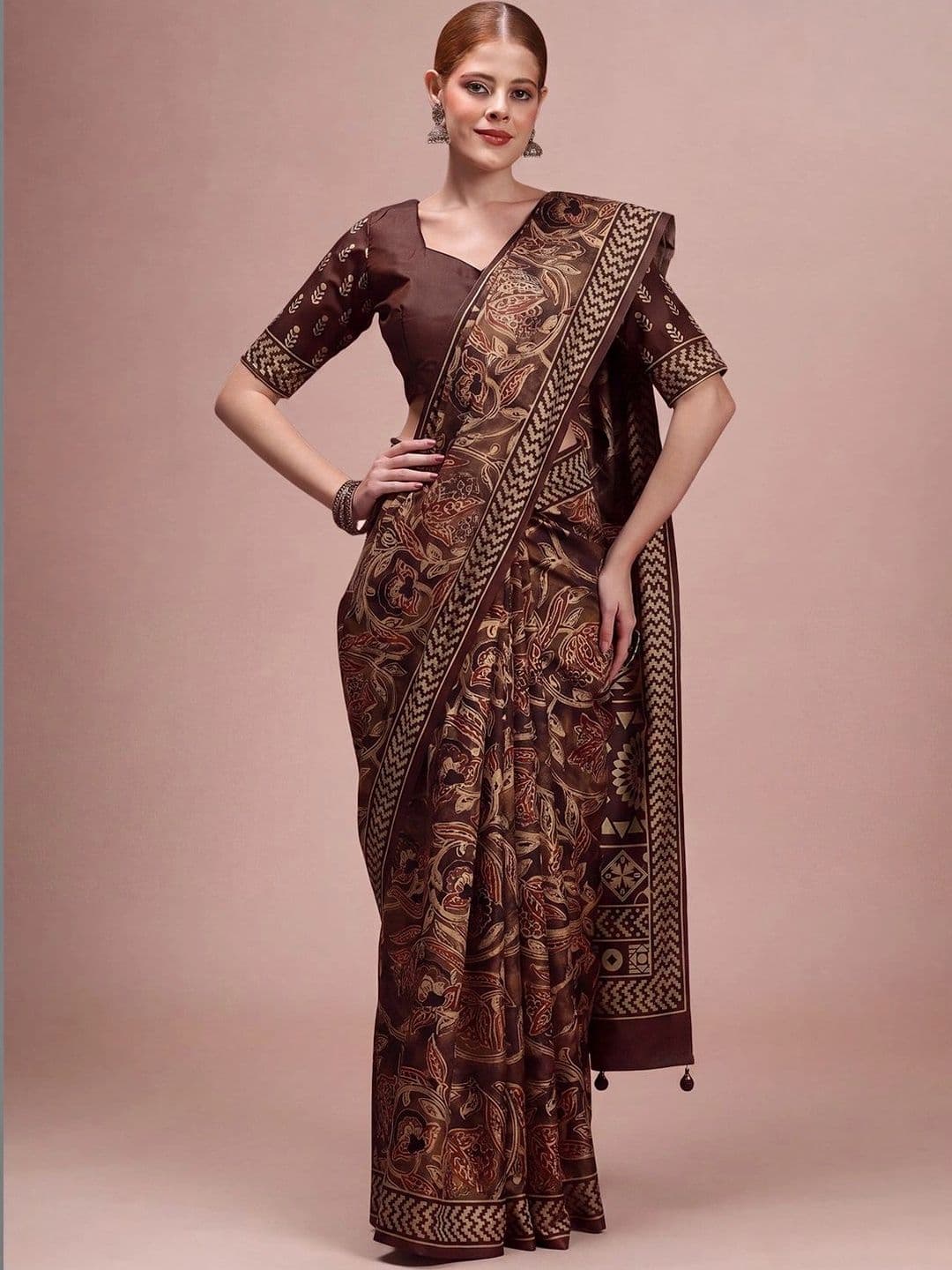 Sangria Kalamkari Silk Blend Designer Block Print Saree - view 1