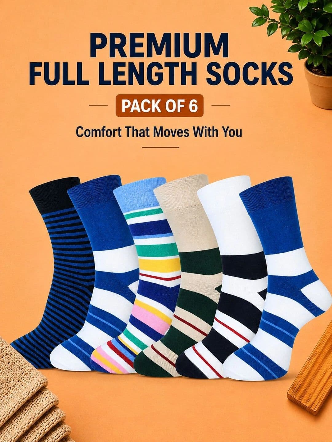 ADDOSSO Men Pack of 6 Cotton Assorted Striped Calf Length Socks thumbnail 5
