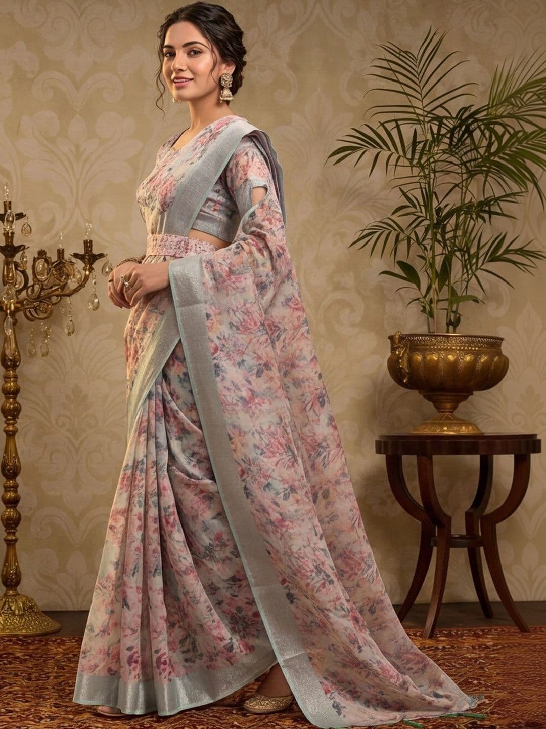 Mitera Floral Zari Silk Cotton Fusion Saree thumbnail 5