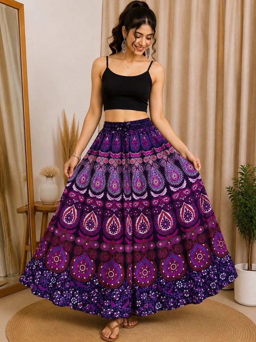 HIMCARE Women Cotton Cambric Paisley Bohemian Maxi Flared Skirt - view 1