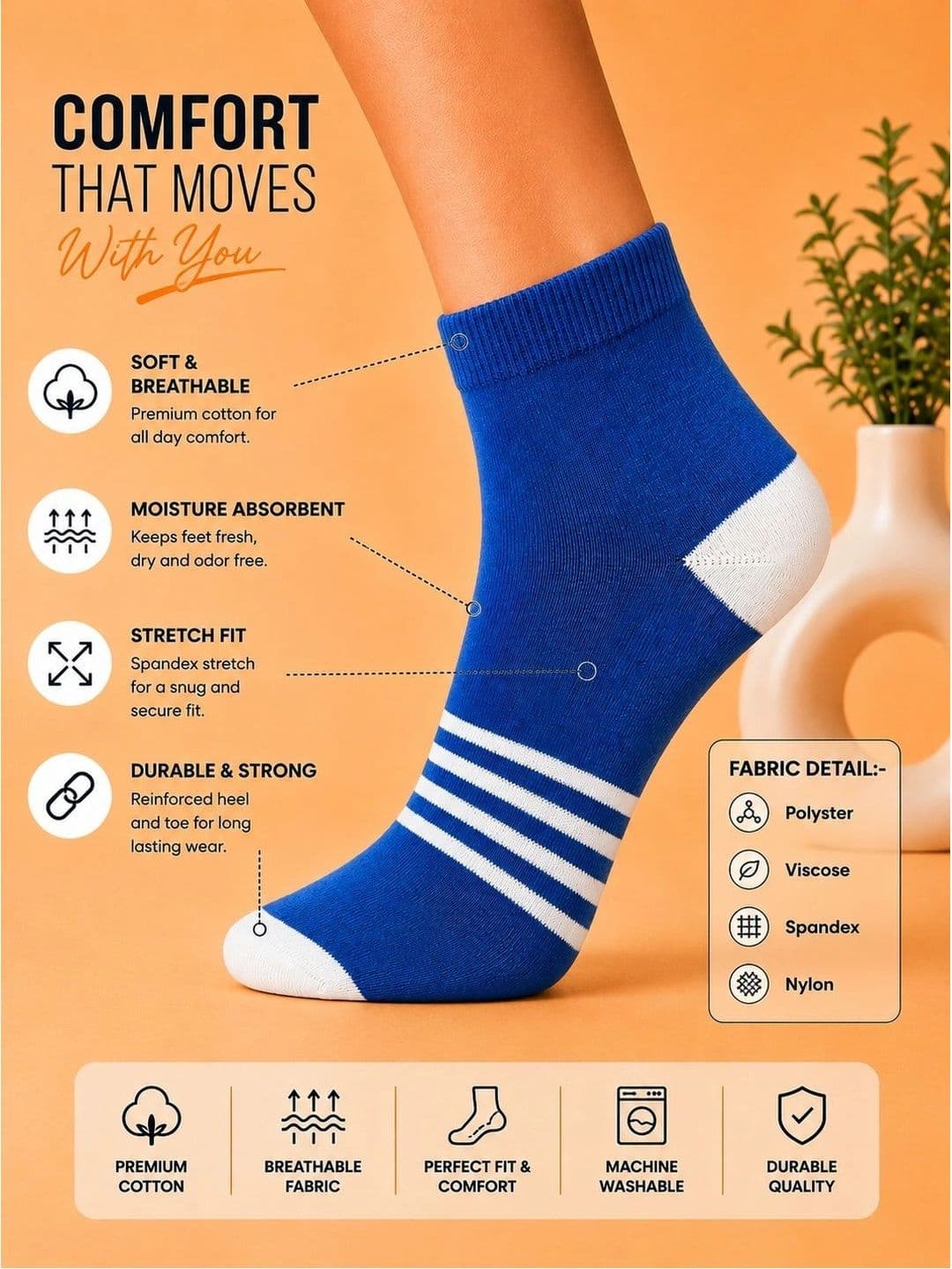 ADDOSSO Men Pack of 3 Cotton Assorted Striped Ankle Length Socks thumbnail 4