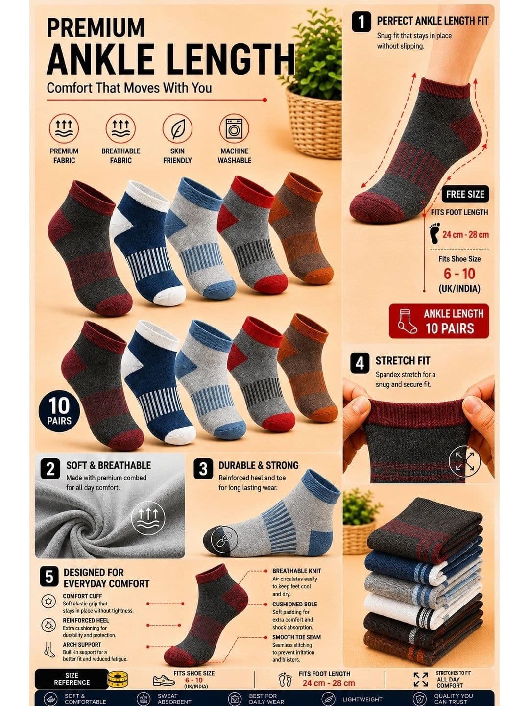 ADDOSSO Men Pack of 10 Cotton Assorted Striped Ankle Length Socks thumbnail 4