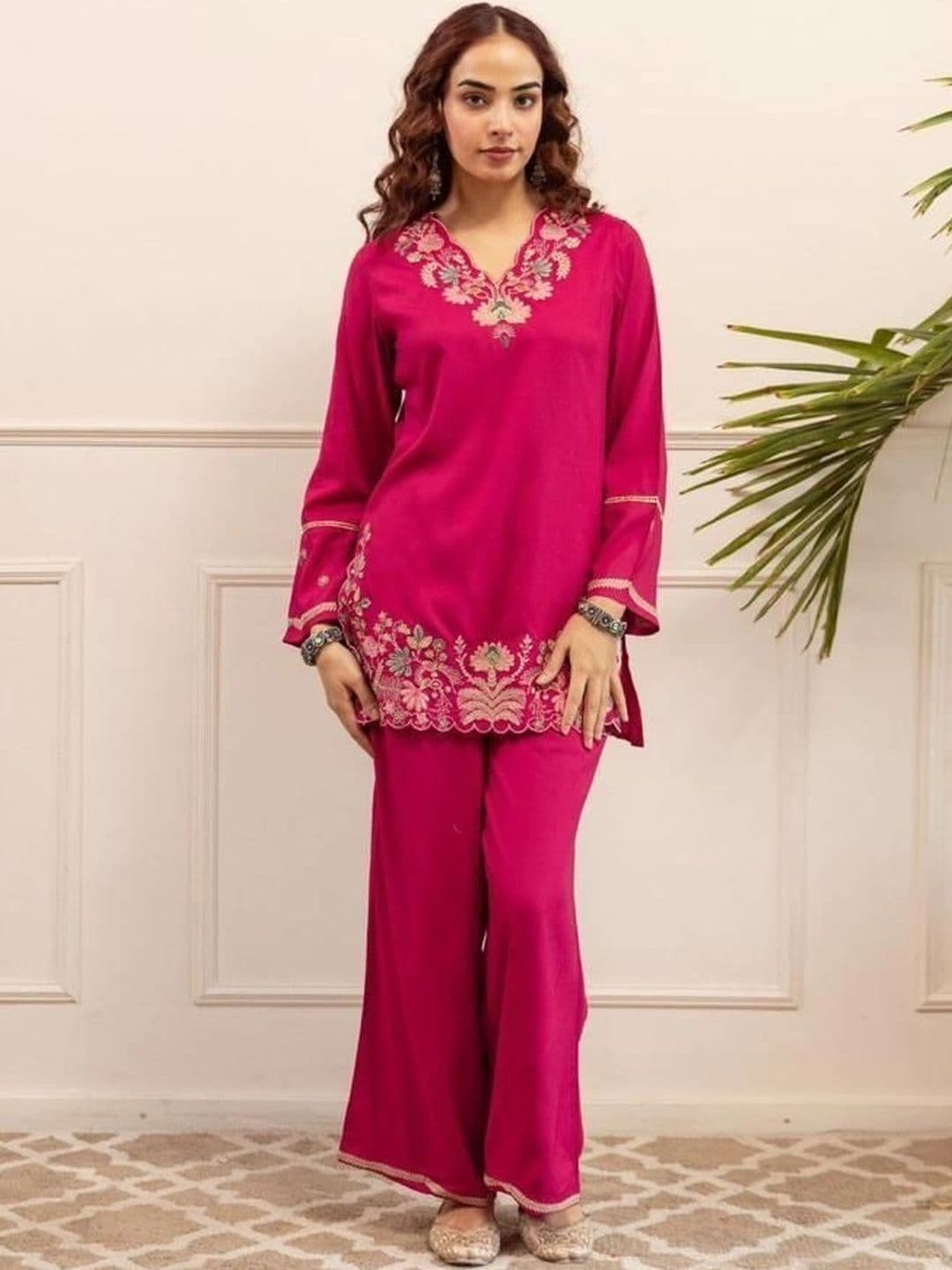 AurexWear Women Ethnic Motifs Embroidered Regular Thread Work Pure Cotton Kurta with Palazzos - view 1