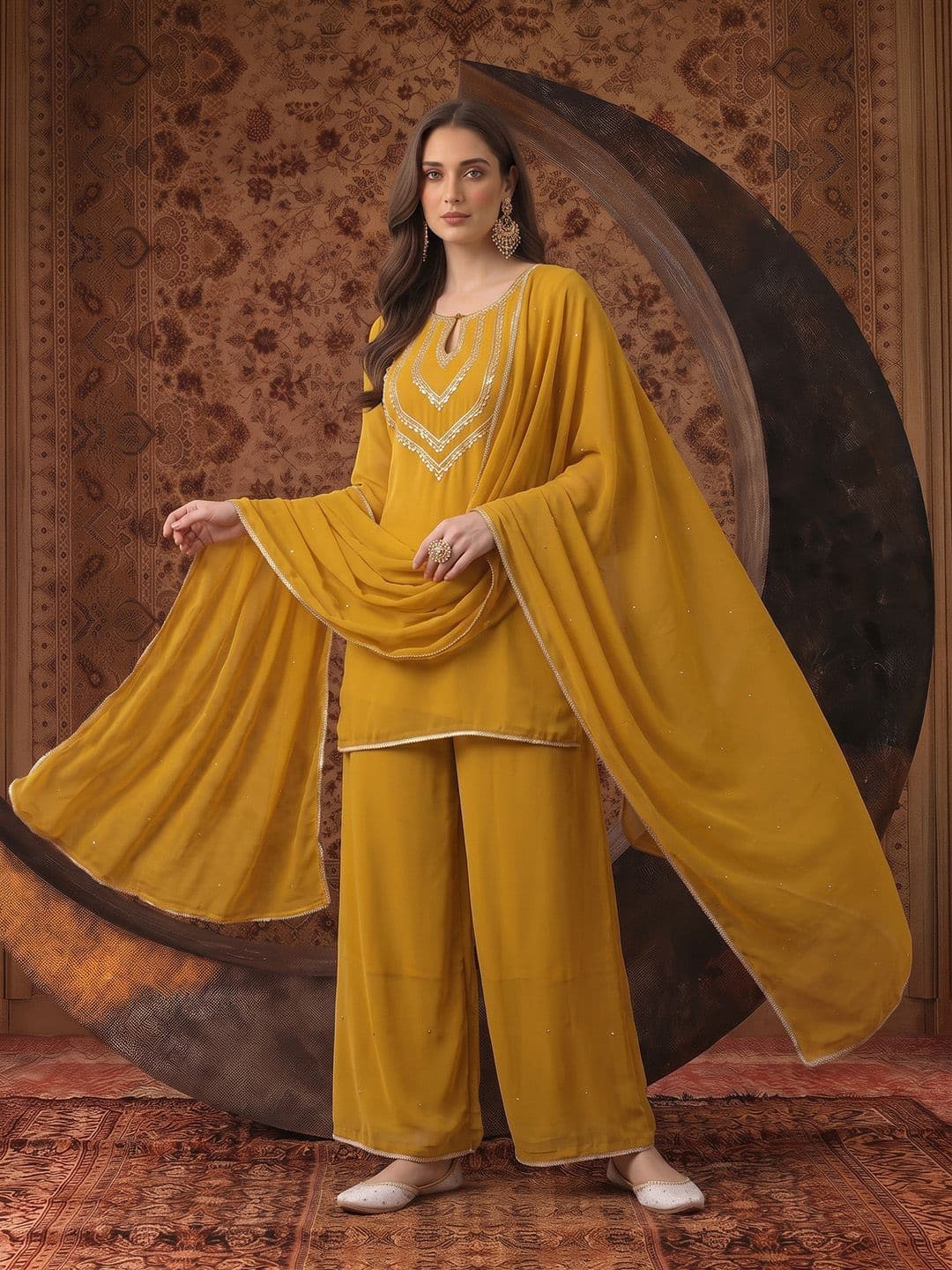 House of Pataudi Sequinned Embellished Jashn Kurta with Palazzos & Dupatta thumbnail 6
