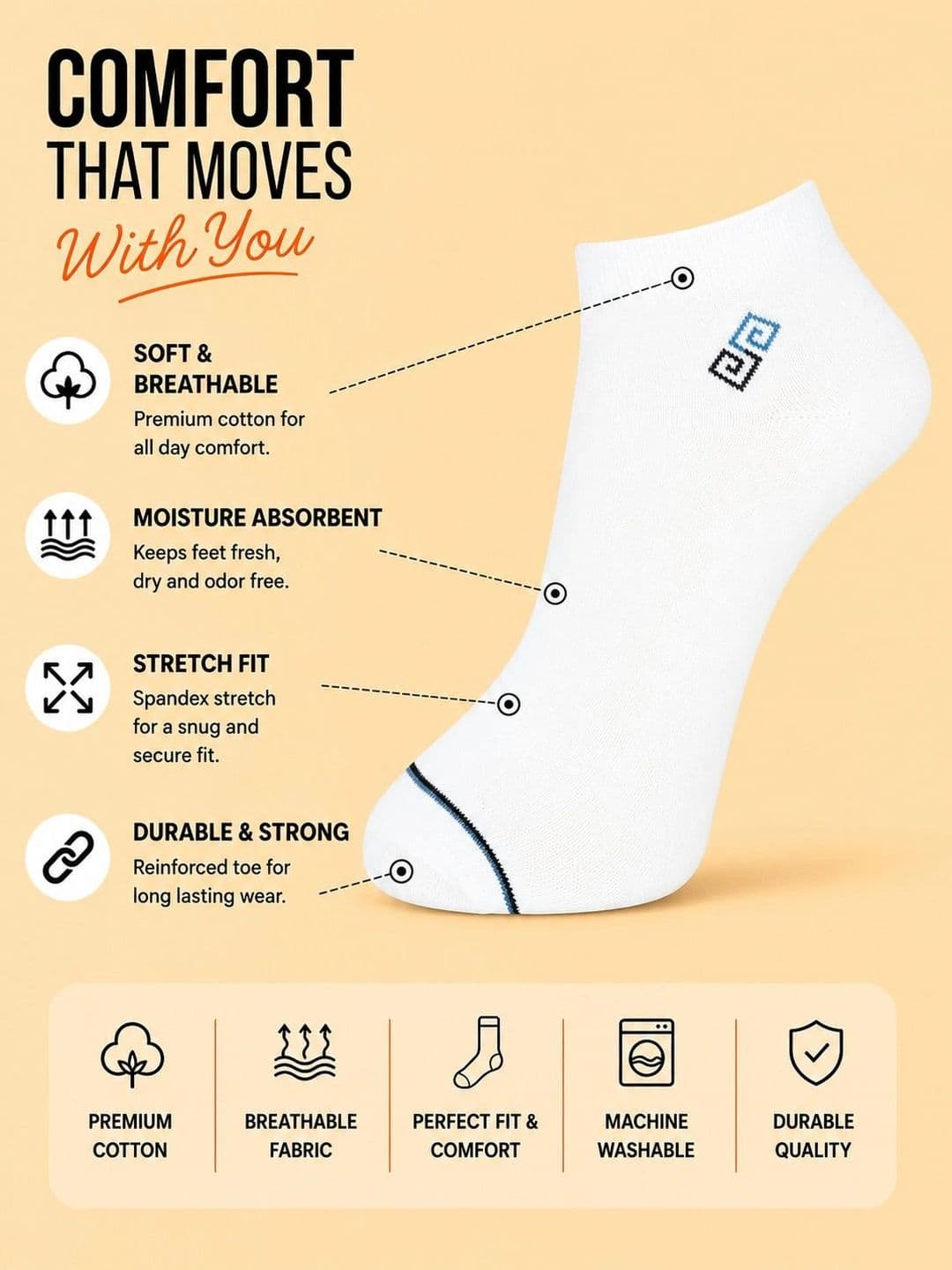 ADDOSSO Men Pack of 3 Cotton Assorted Ankle Length Socks thumbnail 4