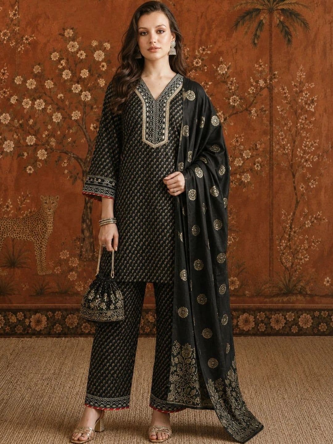 Sangria Women Ethnic Motifs Printed Regular Gotta Patti Kurta with Trousers & With Dupatta thumbnail 4