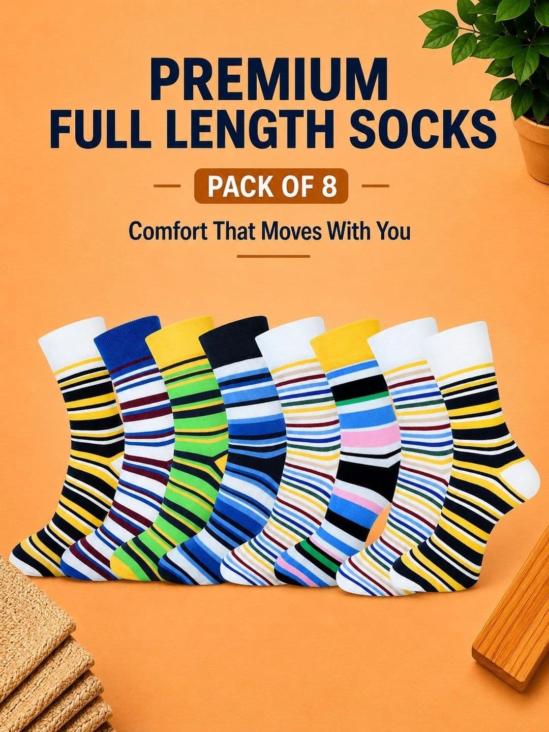 ADDOSSO Men Pack of 8 Cotton Assorted Striped Calf Length Socks thumbnail 2