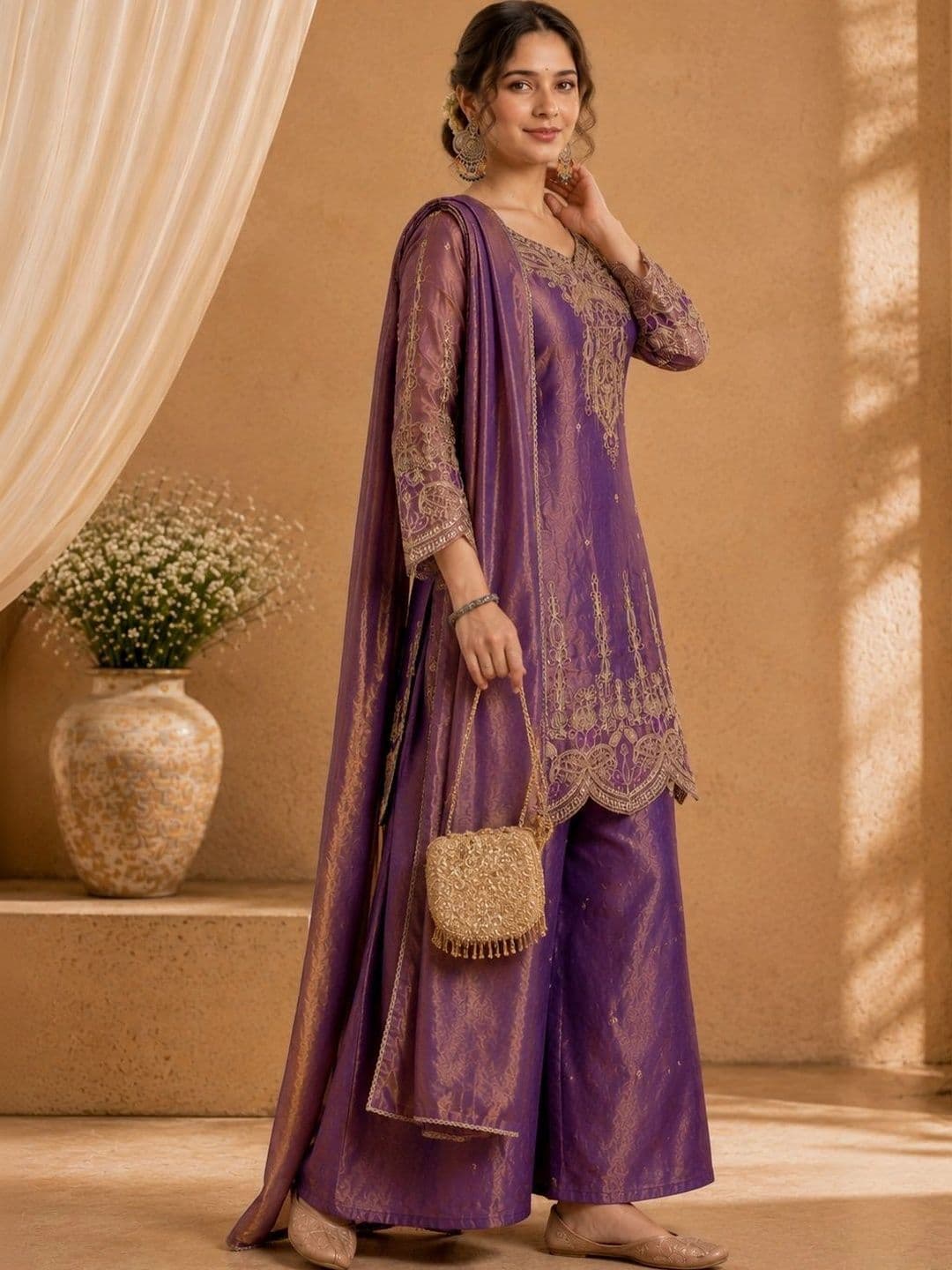 Sangria Women Ethnic Motifs Embroidered Regular Kurta & Palazzos  With Dupatta thumbnail 4