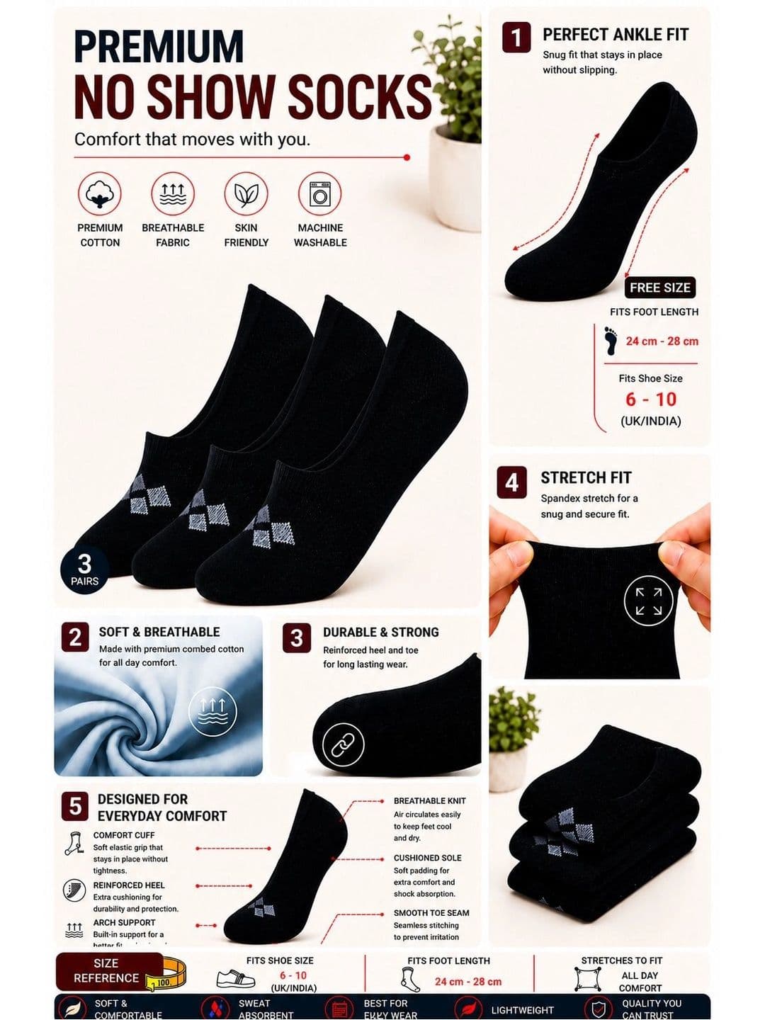 ADDOSSO Men Pack of 3 Cotton Assorted Patterned Shoe Liners Socks thumbnail 4