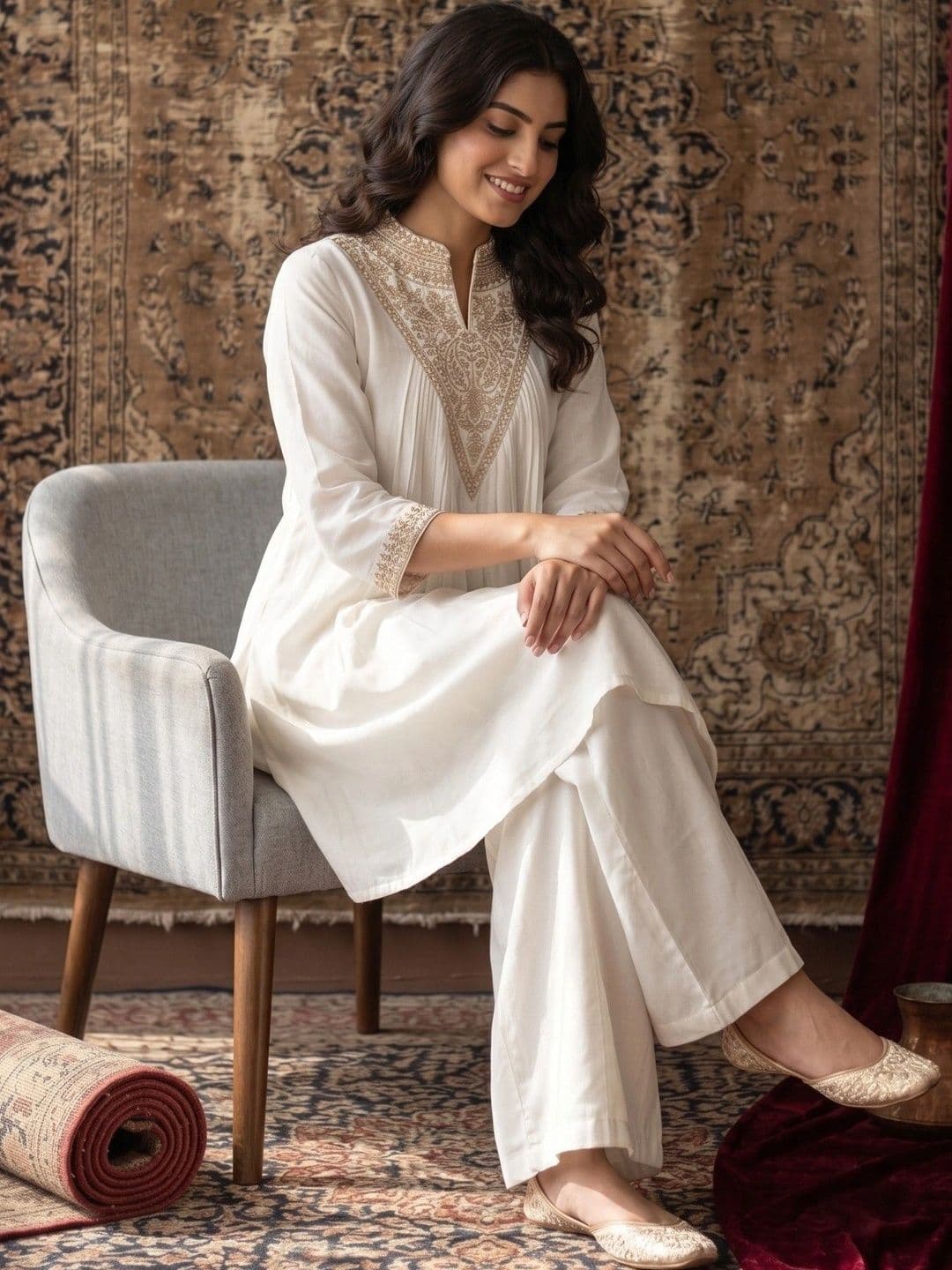 House of Pataudi Women Ethnic Motifs Embroidered Angrakha Thread Work Kurta with Palazzos thumbnail 7