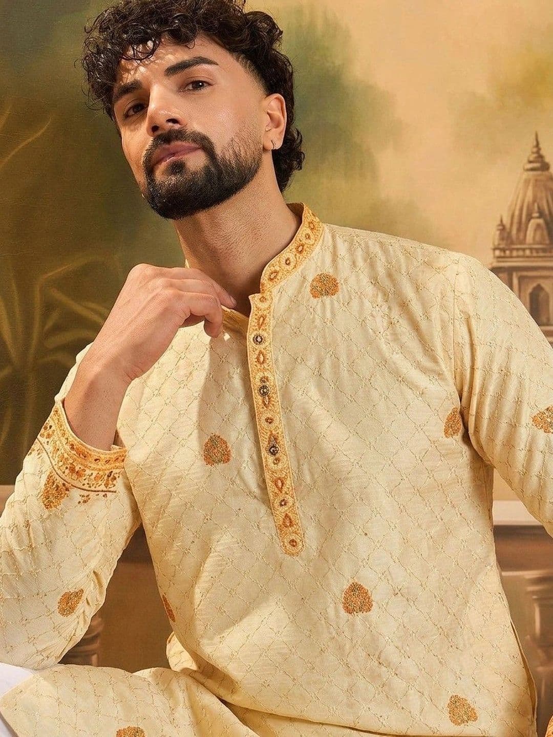 VELKYNOX Men Ethnic Motifs Thread Work Kurta thumbnail 5