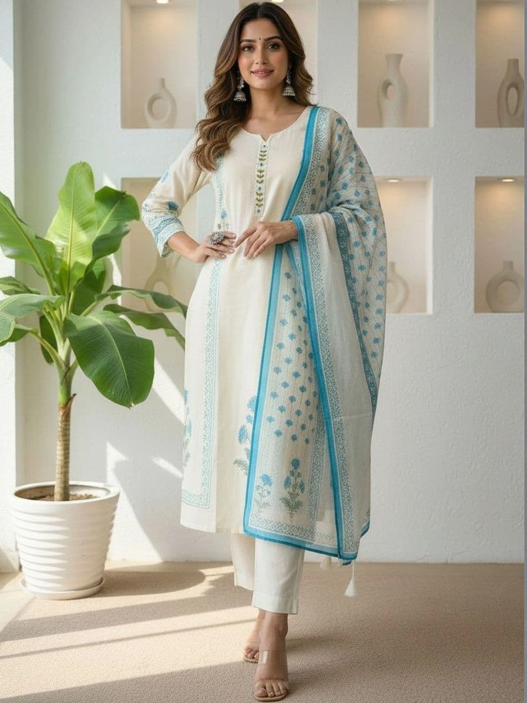 Anouk Women Ethnic Motifs Printed Regular Thread Work Pure Cotton Kurta with Trousers & With Dupatta - view 1