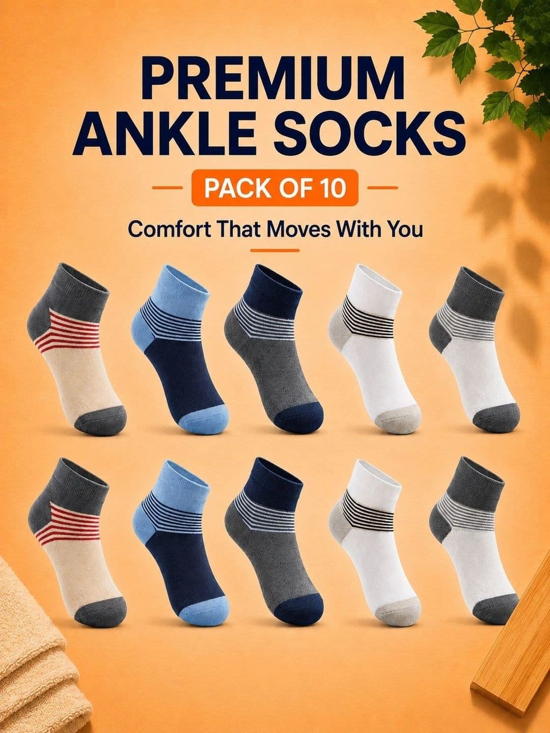 ADDOSSO Men Pack of 10 Cotton Assorted Striped Ankle Length Socks thumbnail 3