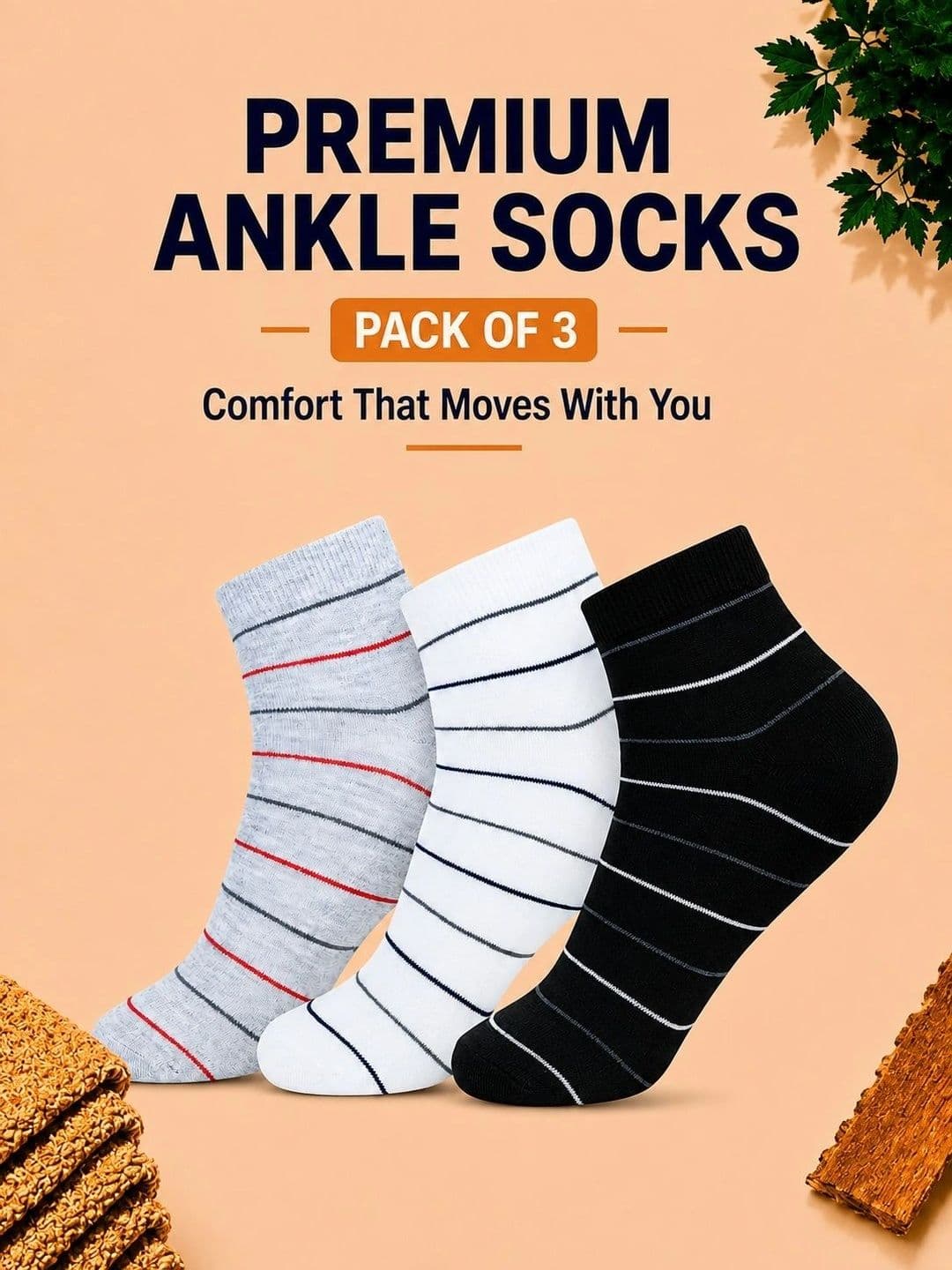 ADDOSSO Men Pack of 3 Cotton Assorted Striped Ankle Length Socks thumbnail 2
