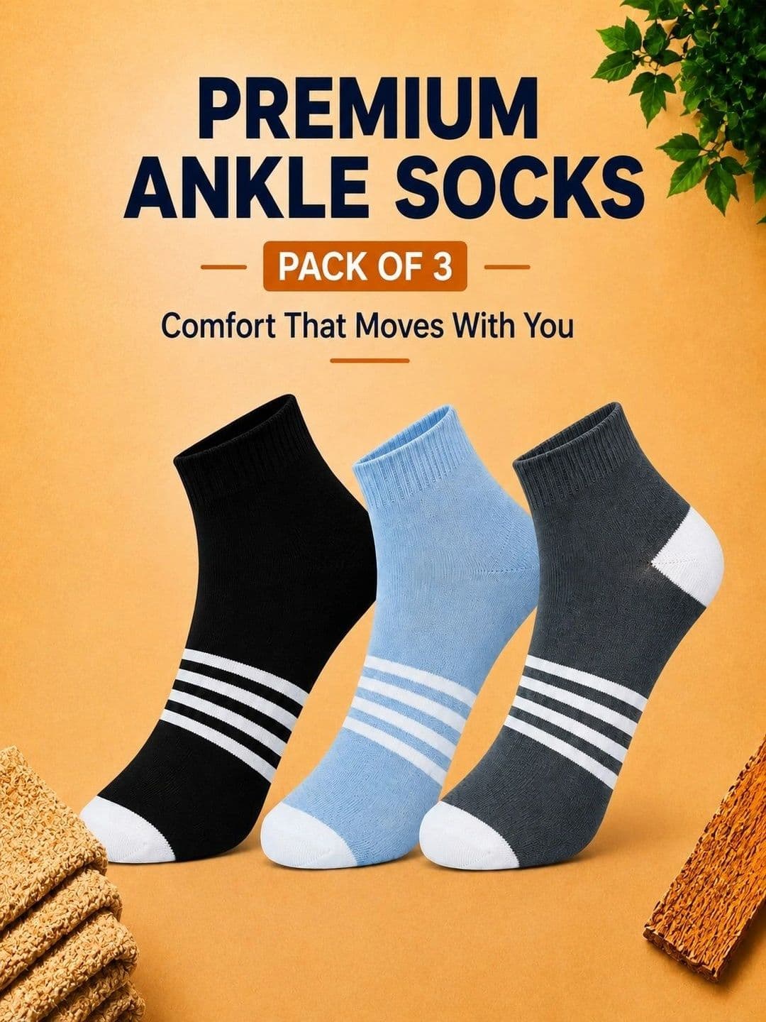 ADDOSSO Men Pack of 3 Cotton Assorted Striped Ankle Length Socks thumbnail 2