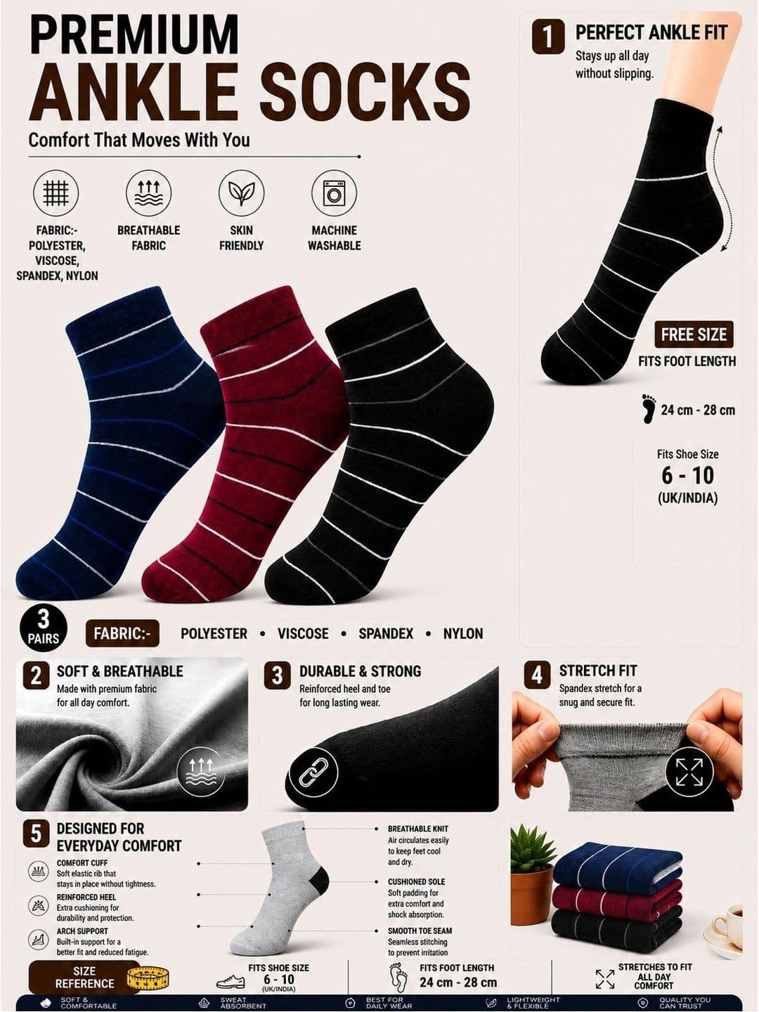 ADDOSSO Men Pack of 3 Cotton Assorted Striped Ankle Length Socks thumbnail 2