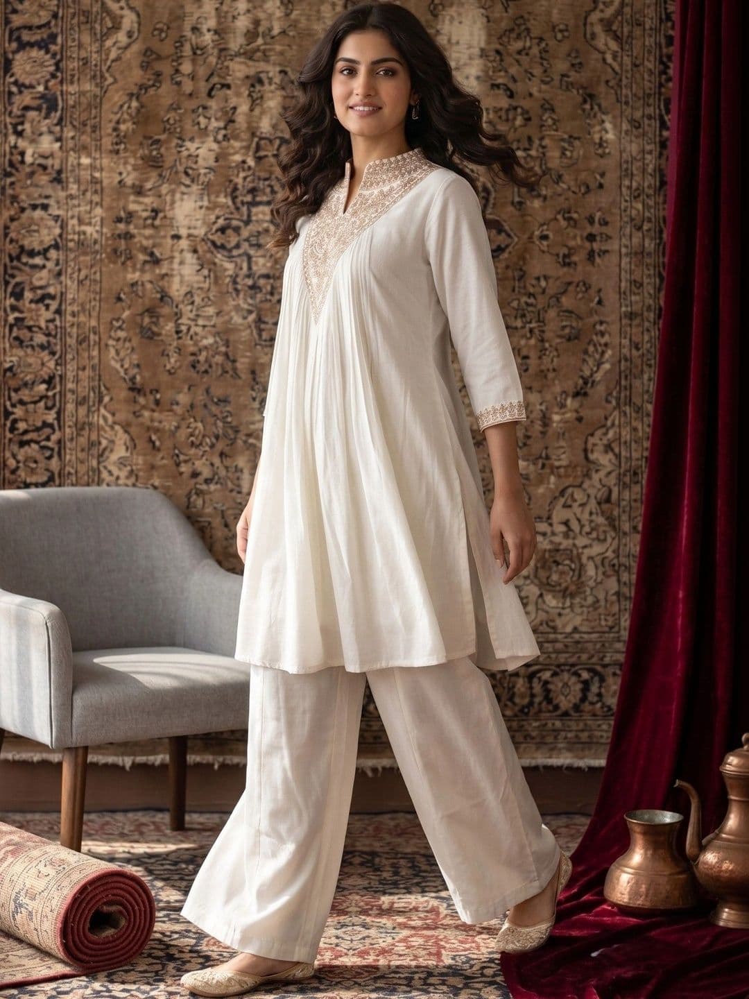 House of Pataudi Women Ethnic Motifs Embroidered Angrakha Thread Work Kurta with Palazzos - view 1