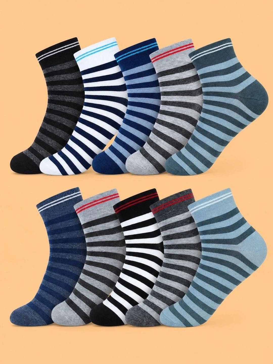 ADDOSSO Men Pack of 10 Cotton Assorted Striped Ankle Length Socks - view 1