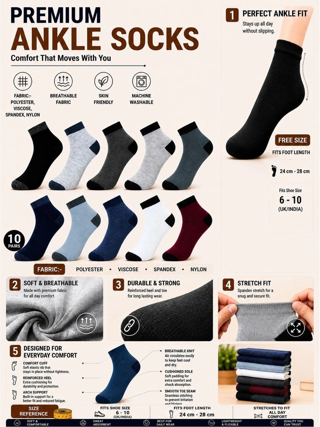 ADDOSSO Men Pack of 10 Cotton Assorted Above Ankle Socks thumbnail 4