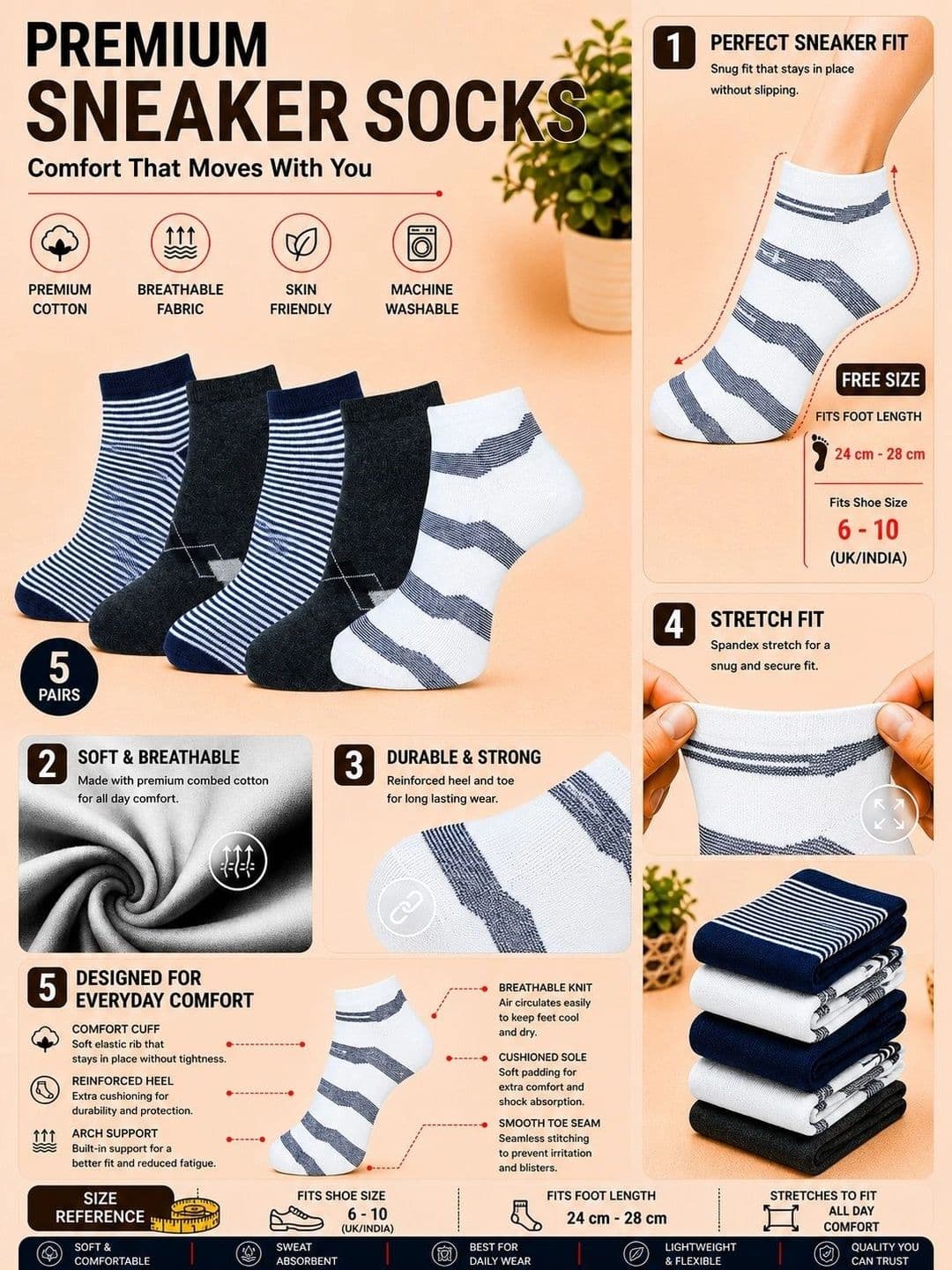 ADDOSSO Men Pack of 5 Cotton Assorted Striped Above Ankle Socks thumbnail 5