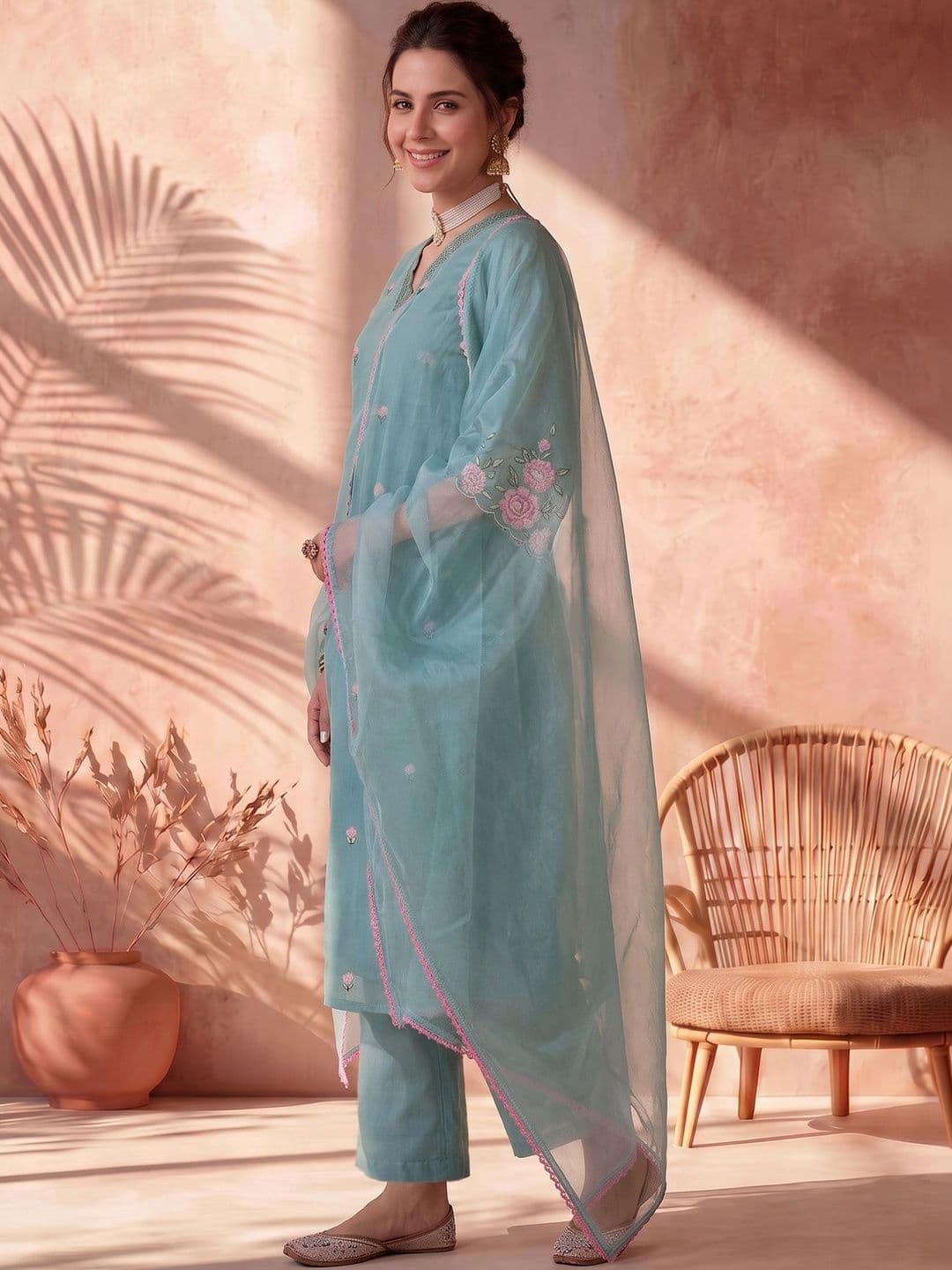 AVANSHEE Women Embroidered Chanderi Cotton Kurta with Trousers & With Dupatta thumbnail 4