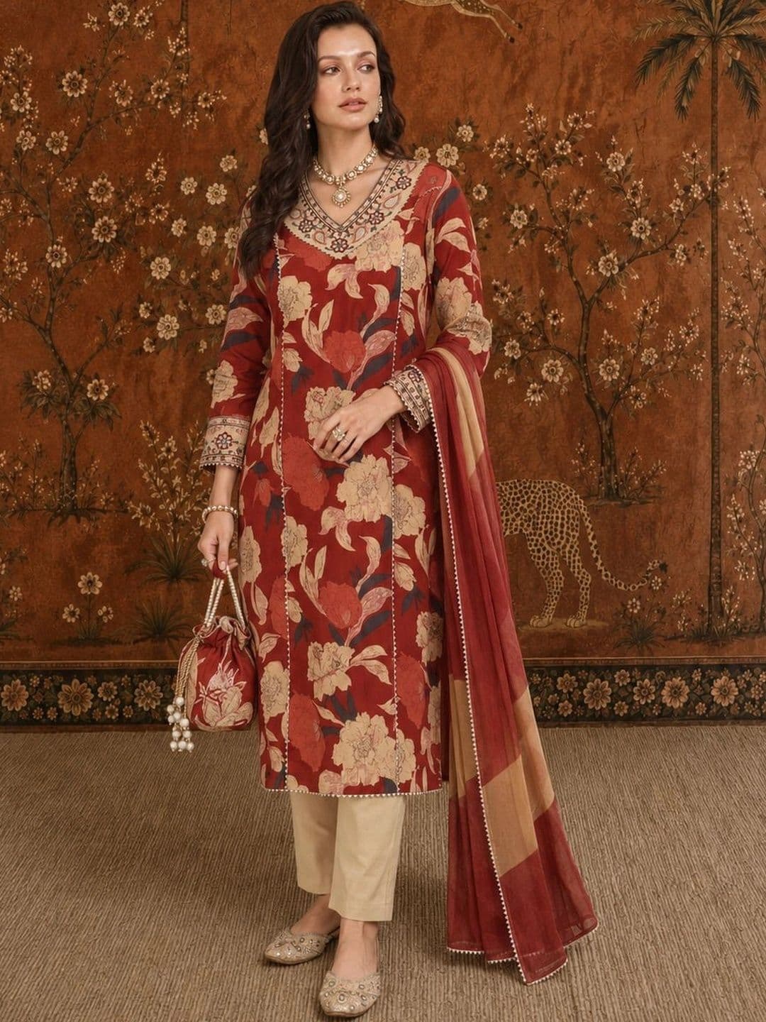 Sangria Women Floral Regular Thread Work Pure Cotton Kurta with Trousers & With Dupatta - view 1