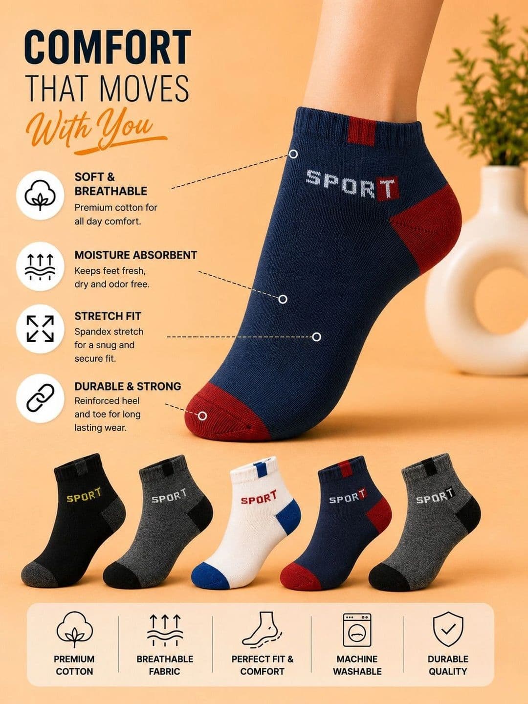 ADDOSSO Men Pack of 10 Cotton Assorted Colourblocked Ankle Length Socks thumbnail 2
