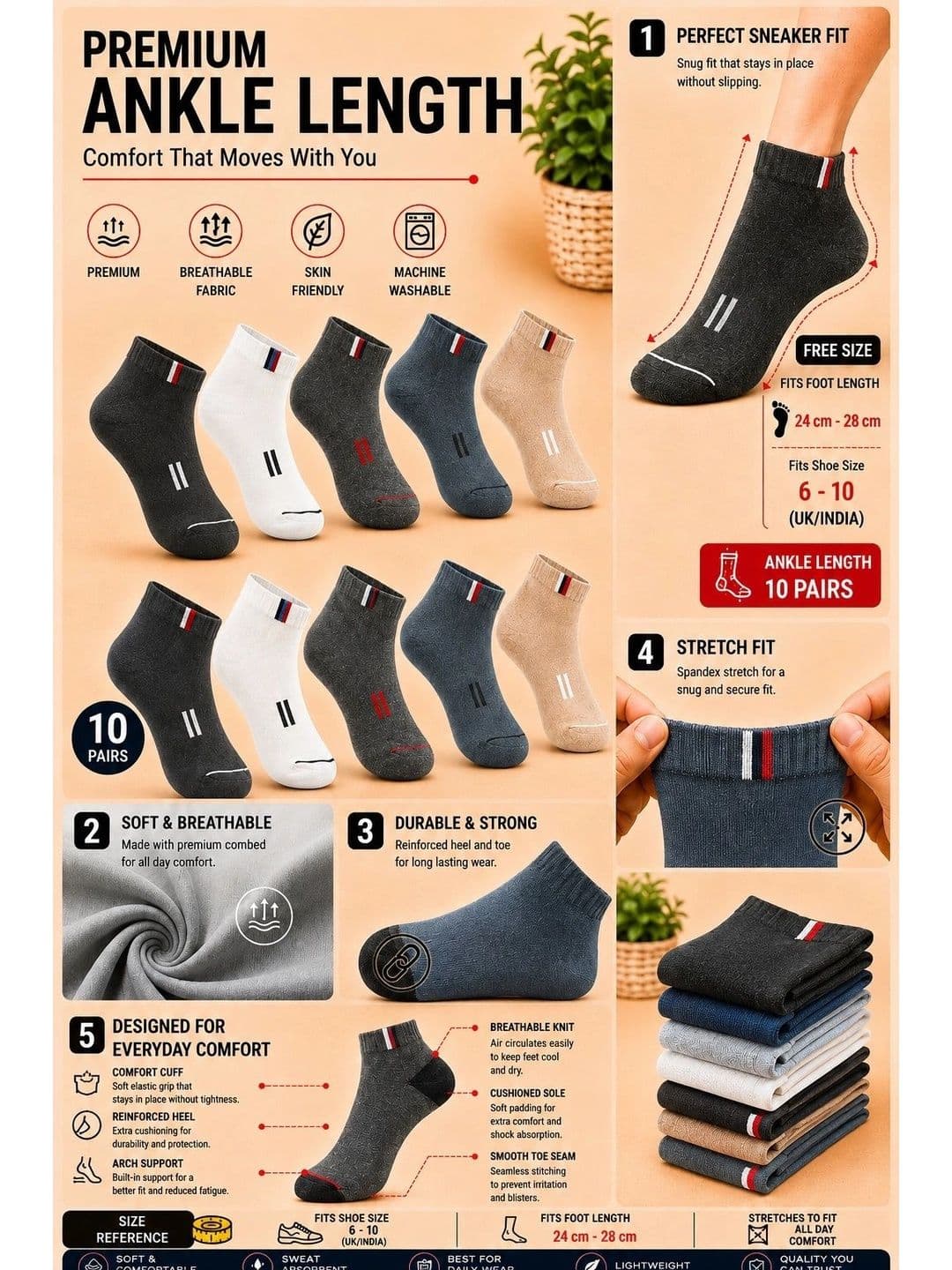ADDOSSO Men Pack of 10 Cotton Assorted Patterned Ankle Length Socks thumbnail 4