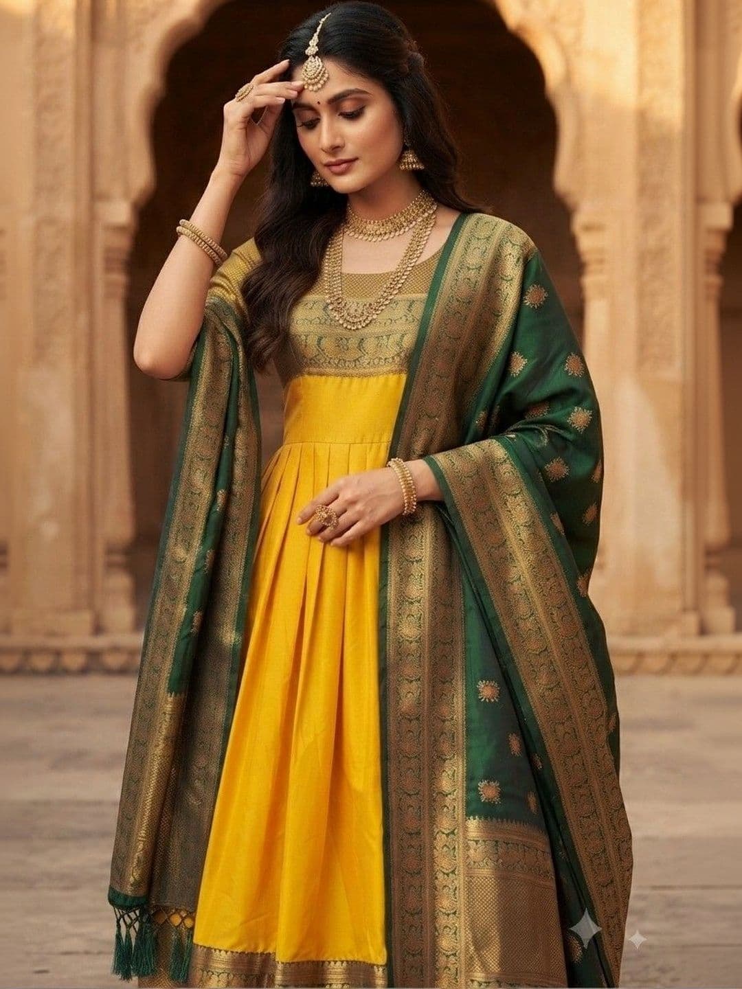SmileyFashion Woven Design Round Neck Maxi Dress With Dupatta thumbnail 2