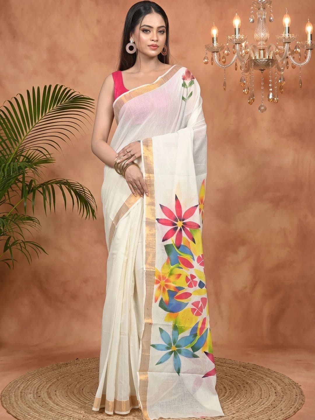 PuJoy Ethnic Motifs Sequinned Pure Cotton Handloom Taant Saree thumbnail 6