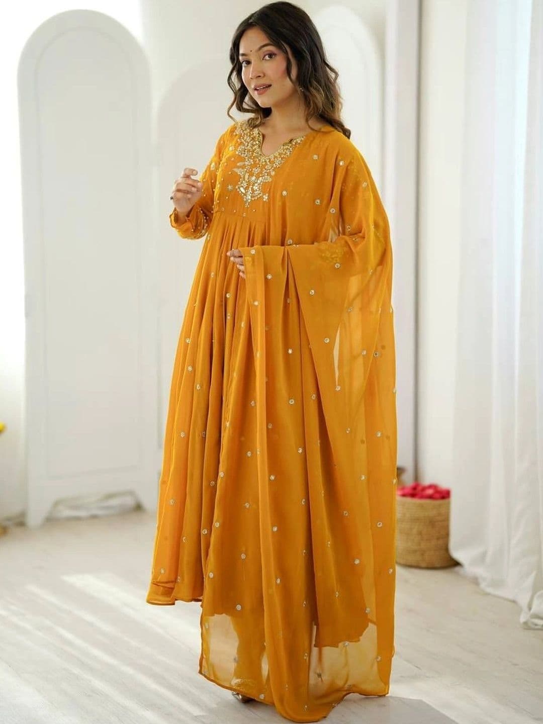 VastraBazaar Women Embroidered Empire Sequinned Silk Georgette Kurta with Trousers & With Dupatta thumbnail 2