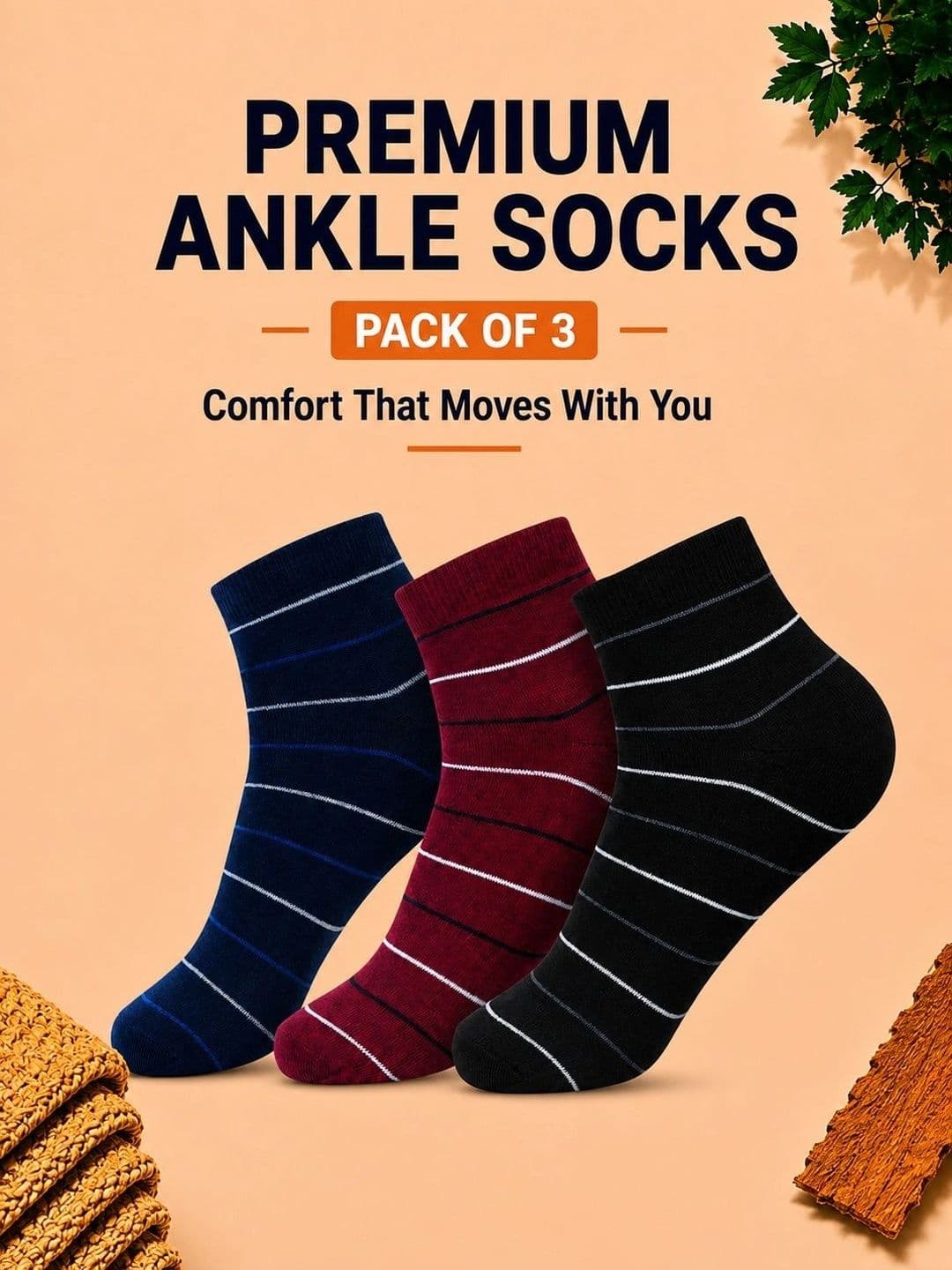 ADDOSSO Men Pack of 3 Cotton Assorted Striped Ankle Length Socks thumbnail 4