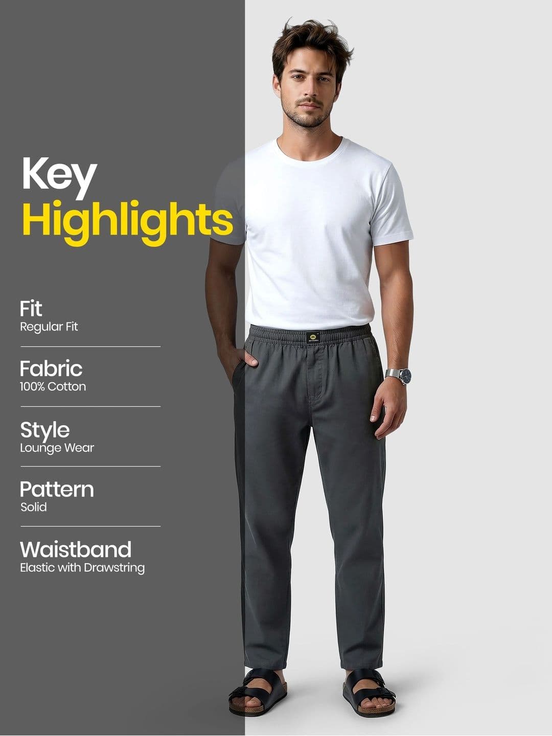 Beyoung Men Solid Grey Mid-Rise Pure Cotton Lounge Pant thumbnail 4