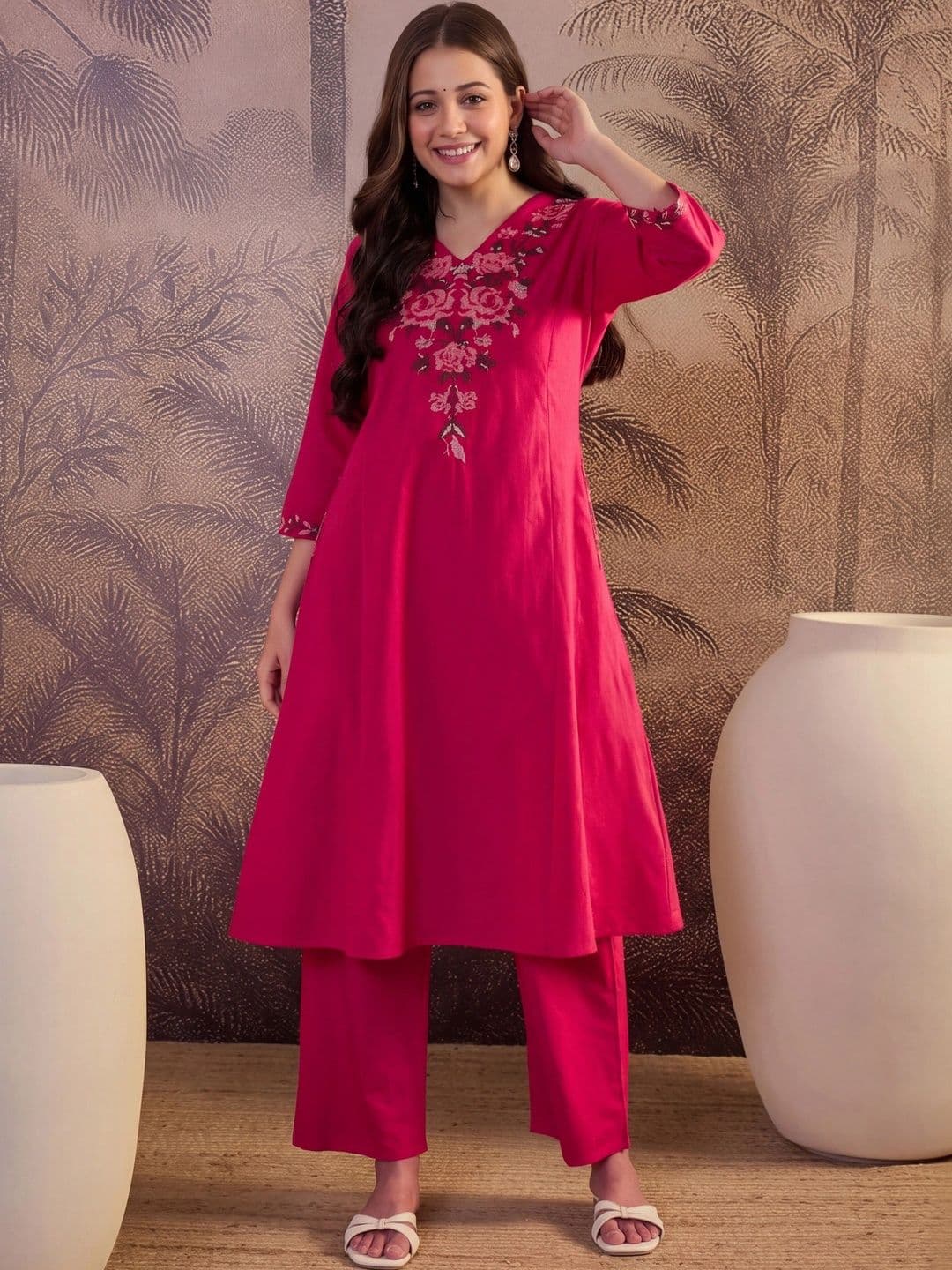 Shree Ramkrishna Fab Women Floral Embroidered Regular Thread Work Pure Cotton Kurta with Palazzos - view 1