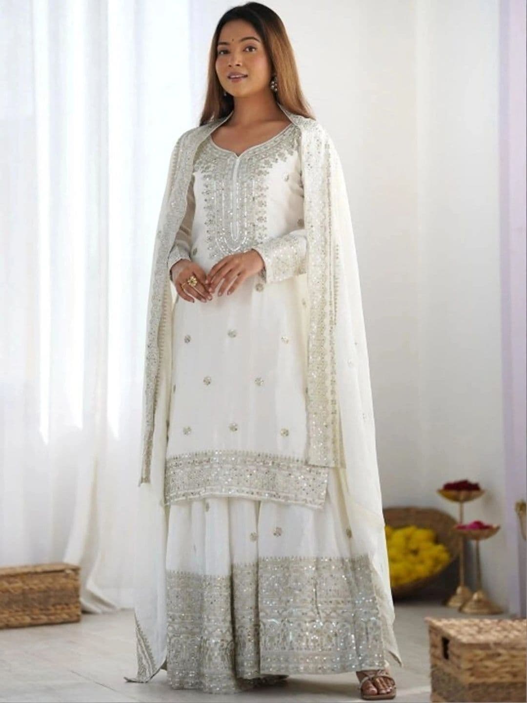 mudra creation Women Ethnic Motifs Regular Sequinned Kurta with Sharara & With Dupatta thumbnail 4