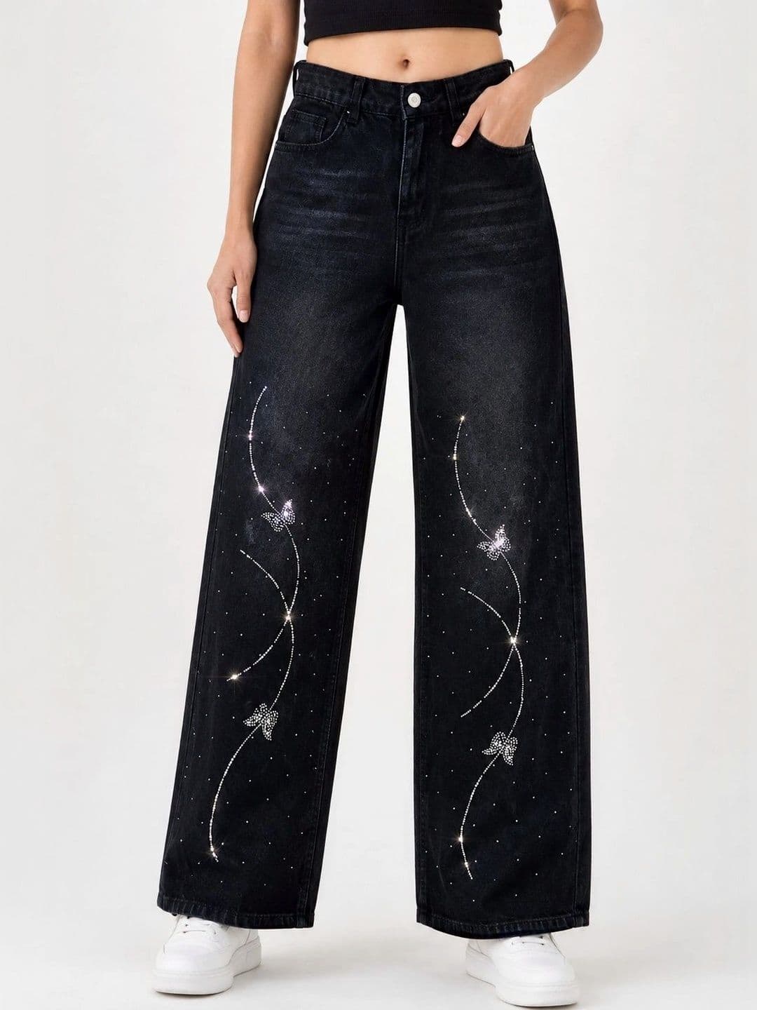 DS CREATIVE Women Wide Leg Mid-Rise Light Fade Embellished Jeans - view 1