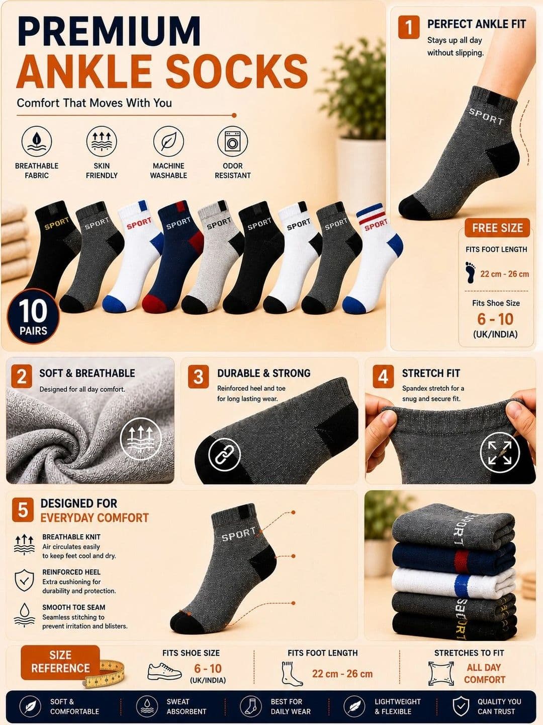 ADDOSSO Men Pack of 10 Cotton Assorted Colourblocked Ankle Length Socks thumbnail 4